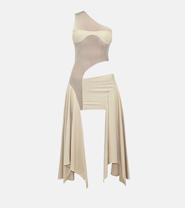 Beige Tricot/ Mesh Cut Out Dress