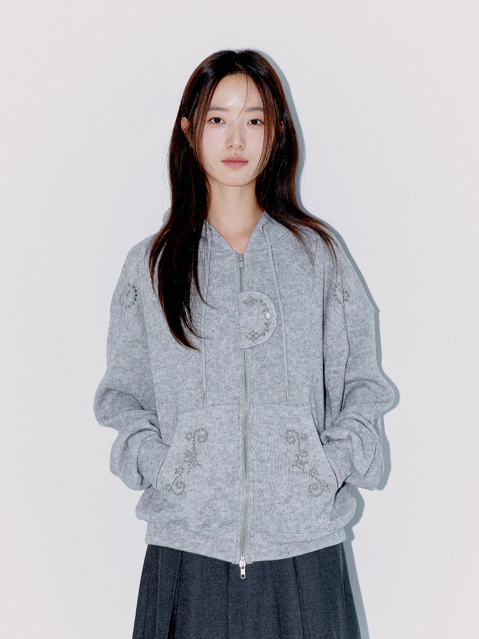 STUDDED TWO-WAY HOODIE ZIP UP, MELANGE