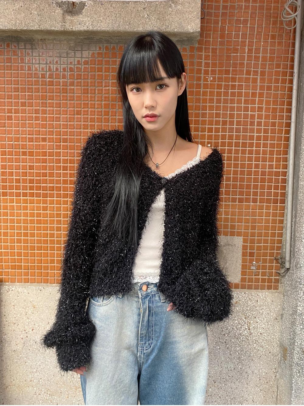 twinkle one-button cardigan (2 color) | 트윙클 원버튼 부클 가디건