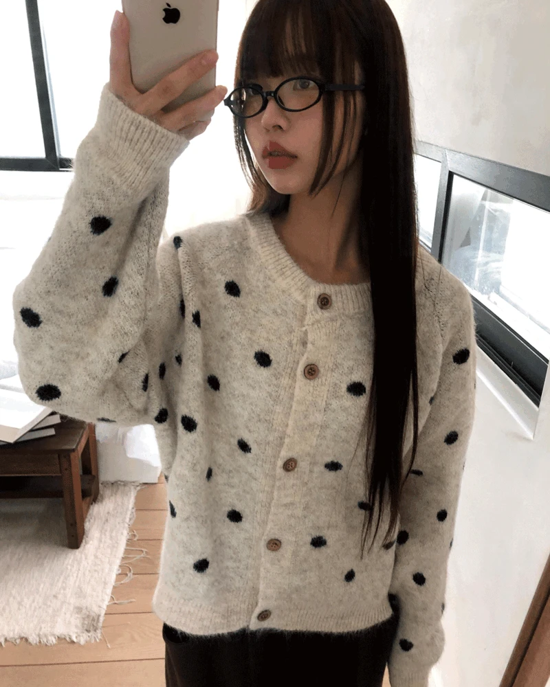 [고퀄🎀] 쥬피 도트 라운드넥 긴팔 니트 가디건
