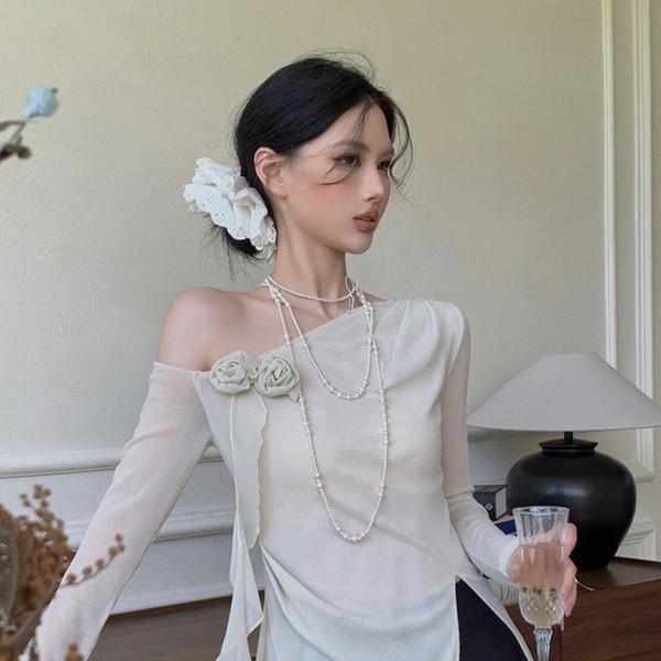 시스루 원숄더 로즈 프릴 티셔츠