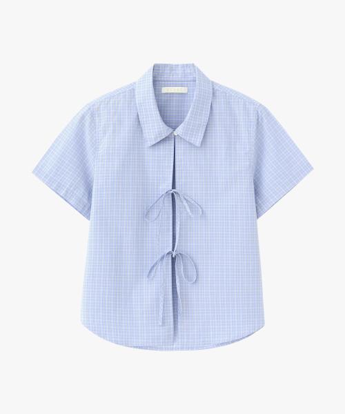 (우먼)프론트 리본 하프 셔츠 체크 블루