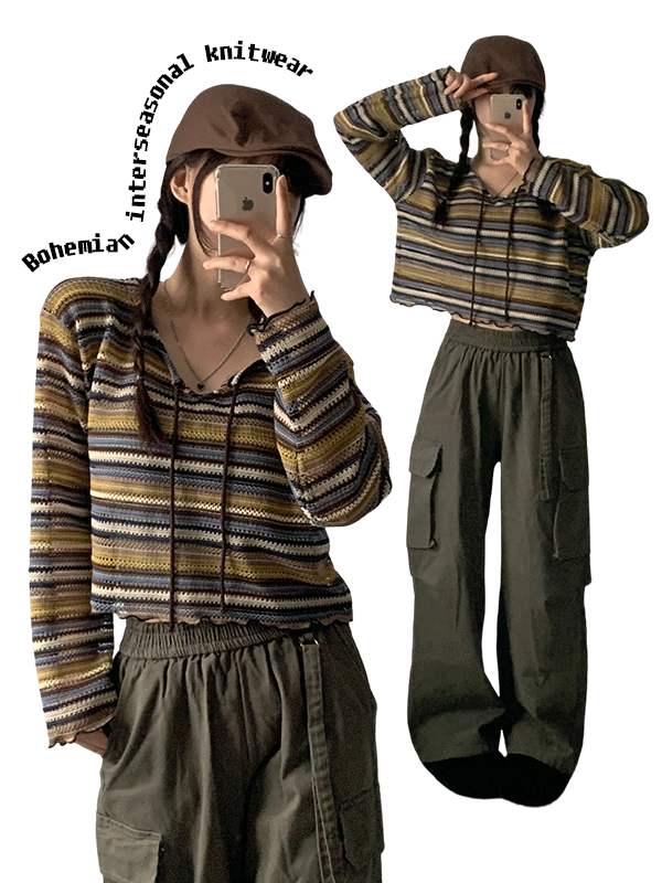 스프링우드 빈티지 보헤미안 스트라이프 간절기 니트