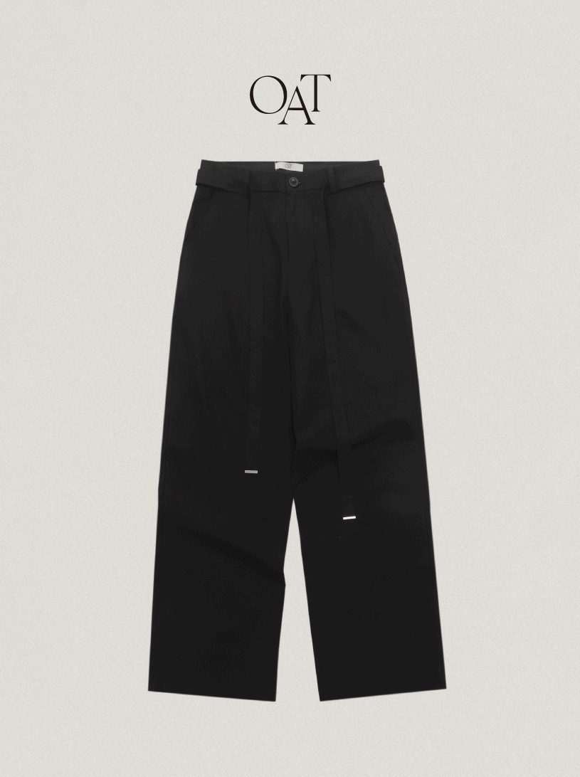 [OAT] Belt Point Linen Wide Pants - Black