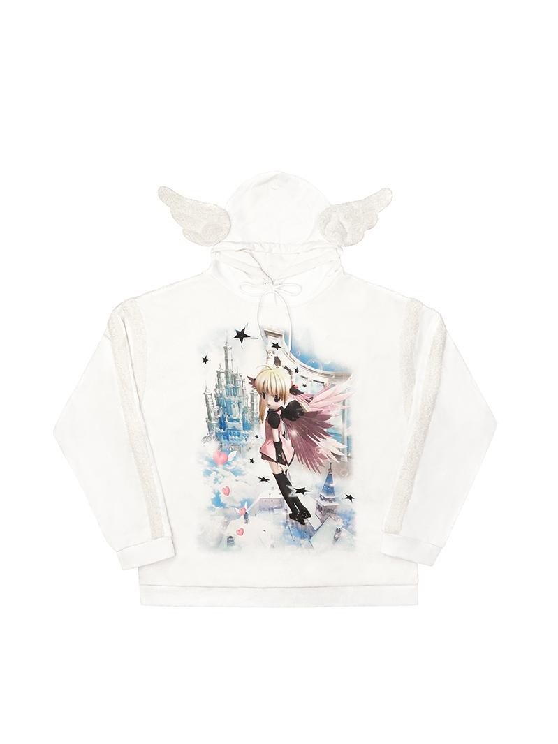 Angel Print Wings Decorated Hoodie
