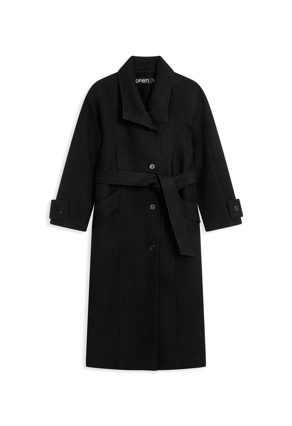 WOOL HIGH-NECK COCOON COAT, BLACK