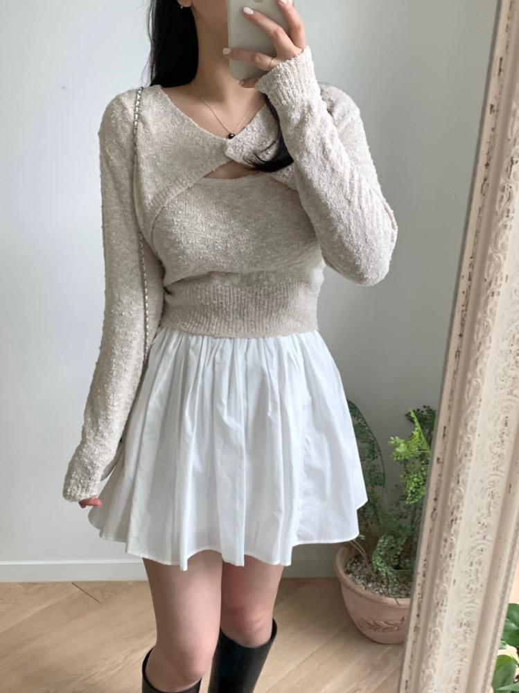 부클 나시 볼레로 세트 (3color) 크롭 코튼 스퀘어넥 나시 가디건 세트 : 인어로브