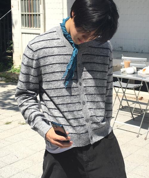 프렌치 스트라이프 크롭 가디건_그레이