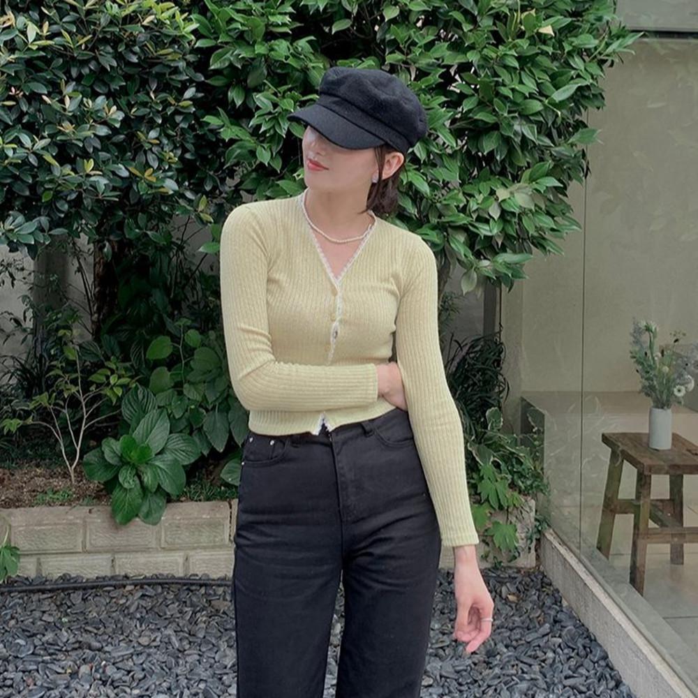 리네트 브이넥 레이스 보카시 린넨 골지 버튼 슬림핏 가디건(3colors)