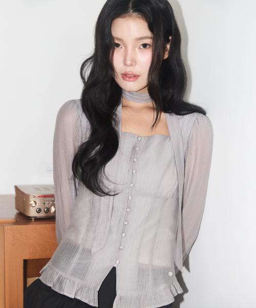 리본 타이 스퀘어넥 롱블라우스 그레이