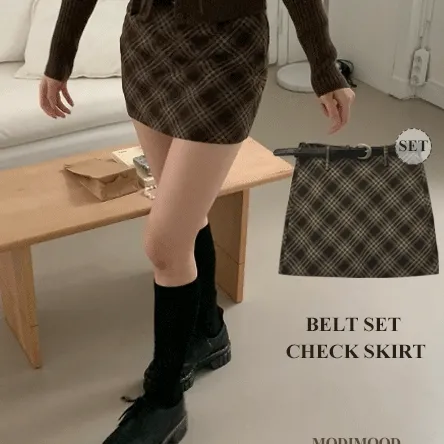 [벨트SET🤎] 벨리 체크 미니 스커트 팬츠 - 2color