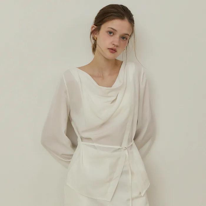 Drape neck belted blouse - white