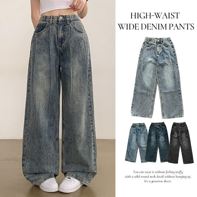 피치모드 [데일리/3단기장] 누베 하이웨스트 워싱 핀턱 와이드 데님 팬츠 (4color)
