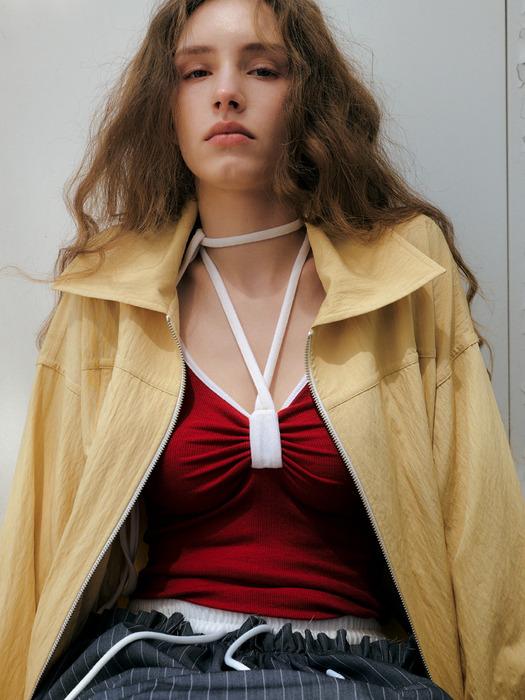 [4 COLOR] RIBBON SHIRRING POINT SLEEVELESS HALTER TOP