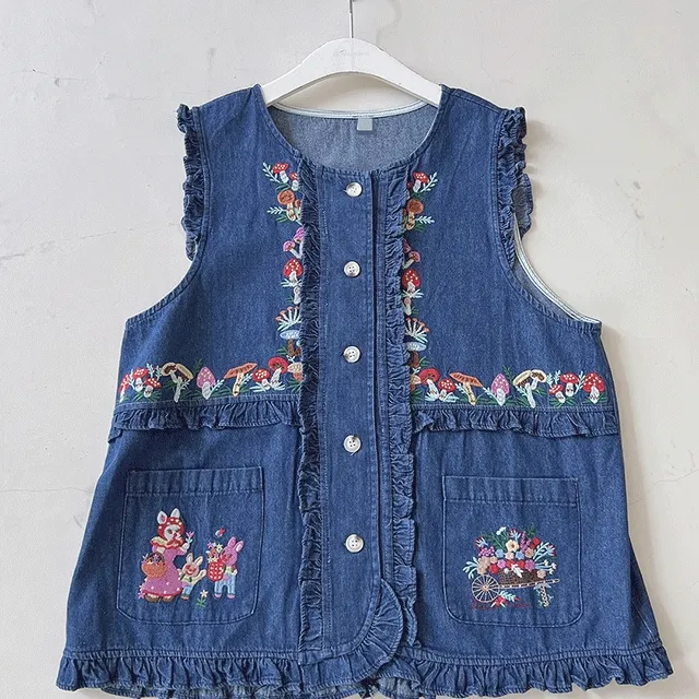 버섯과토끼 자수 데님조끼