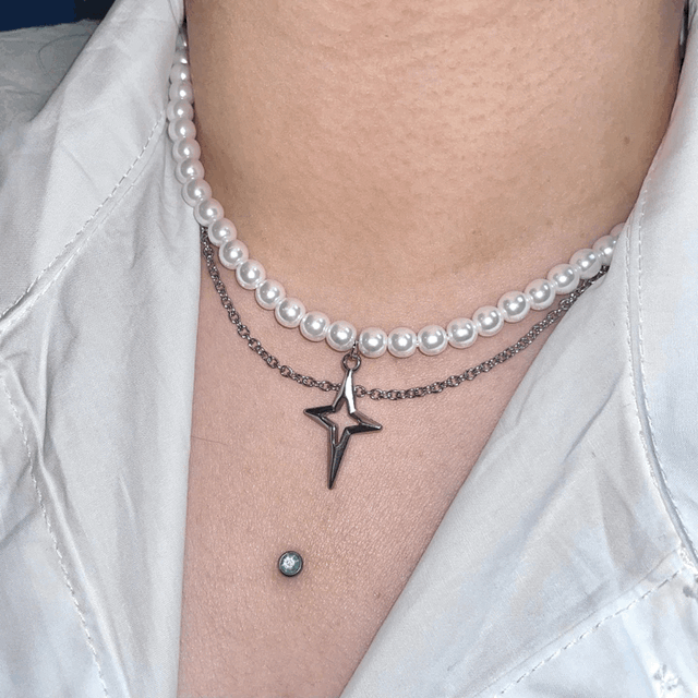 (크리스마스기념 할인) [starlight] 진주 별 레이어드 써지컬스틸 목걸이