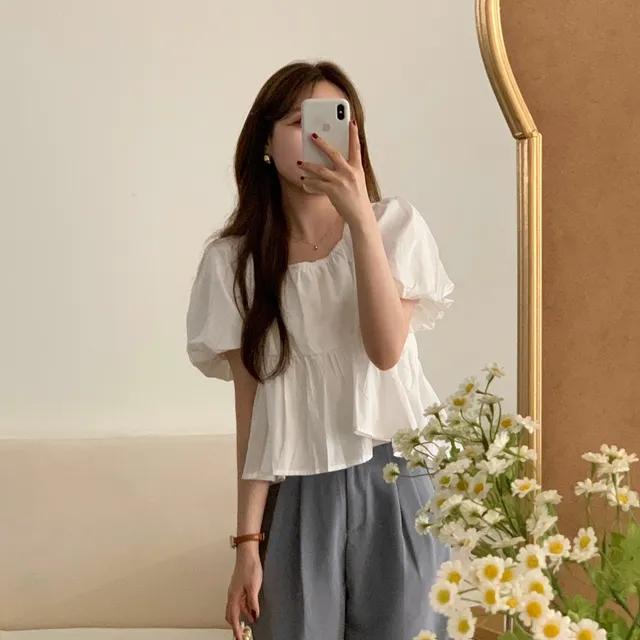 로에 퍼프 밴딩 플레어 블라우스 (2color)