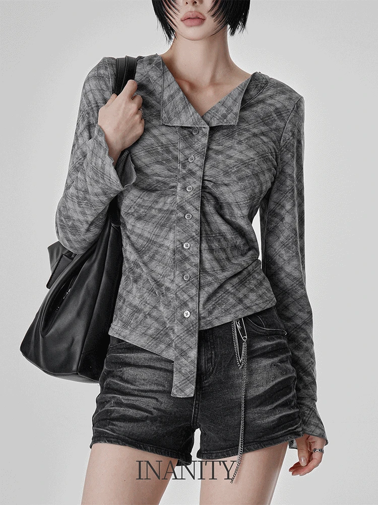 스모크 체크 워싱 셔링 카라 언발 버튼 티셔츠 4color