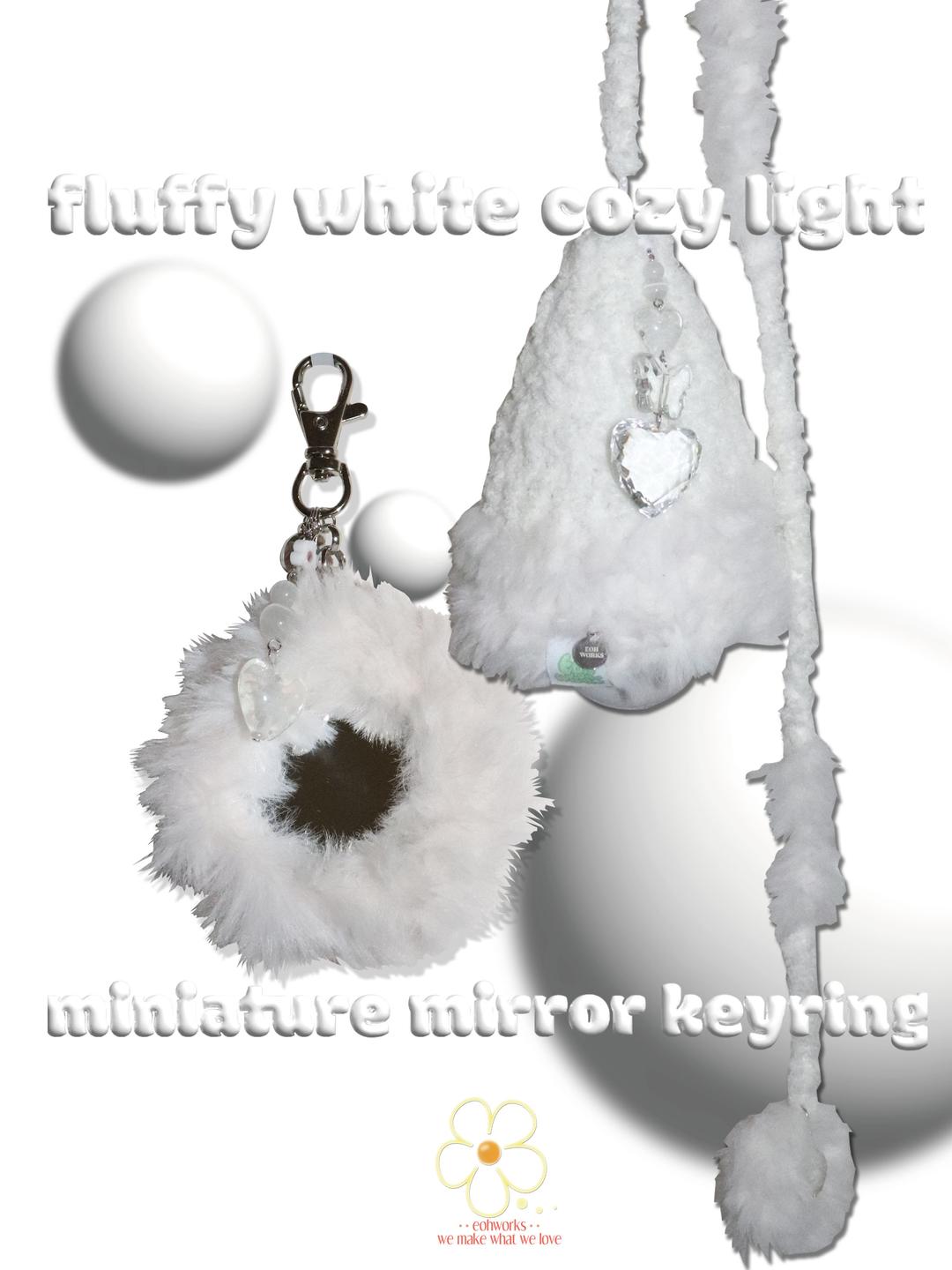 fluffy white cozy light & miniature mirror keyring set