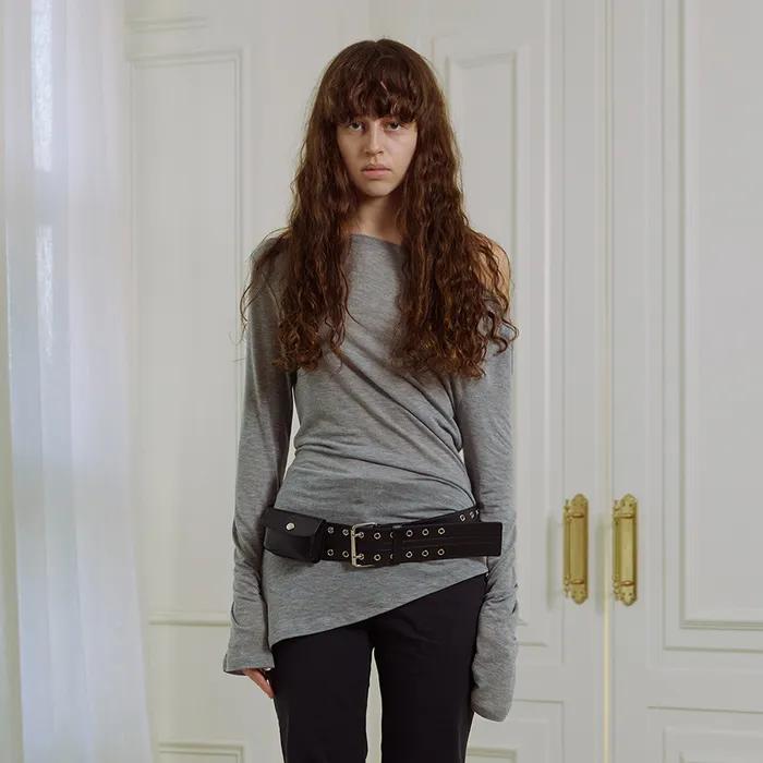 ONE SHOULDER UNBALANCE LONG SLEEVE TOP, GREY