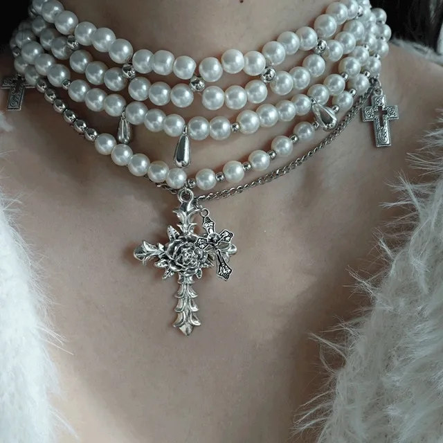 [3set] antique perle necklace | 진주 십자가 레이어드 목걸이
