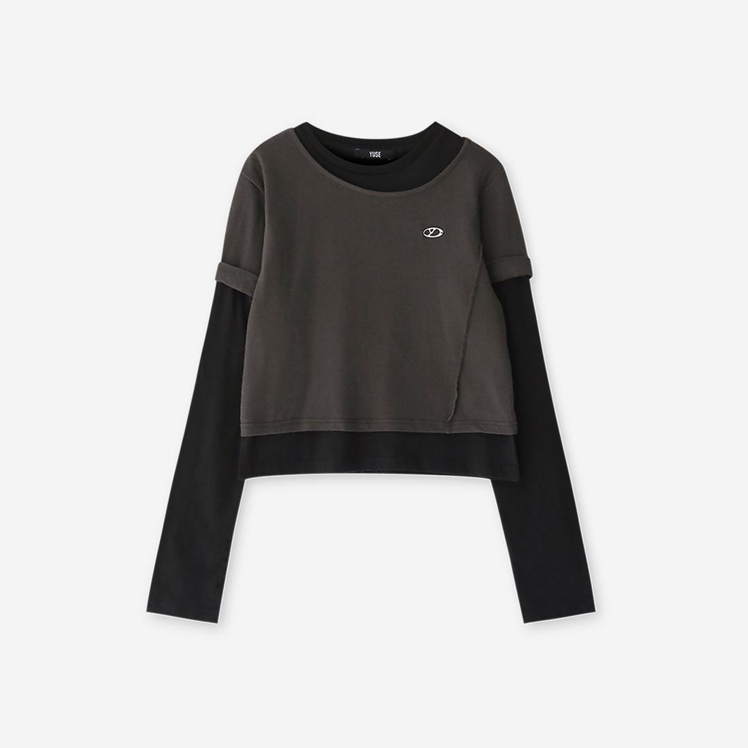Yuse Women Short Sleeve Layered Round T-Shirt Charcoal Black