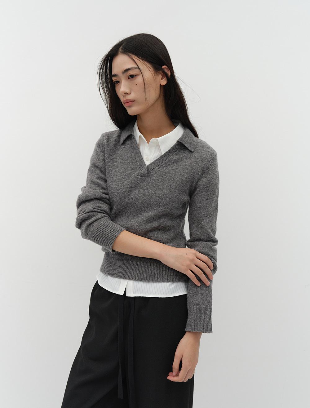 V NECK COLLAR KNIT [GREY]