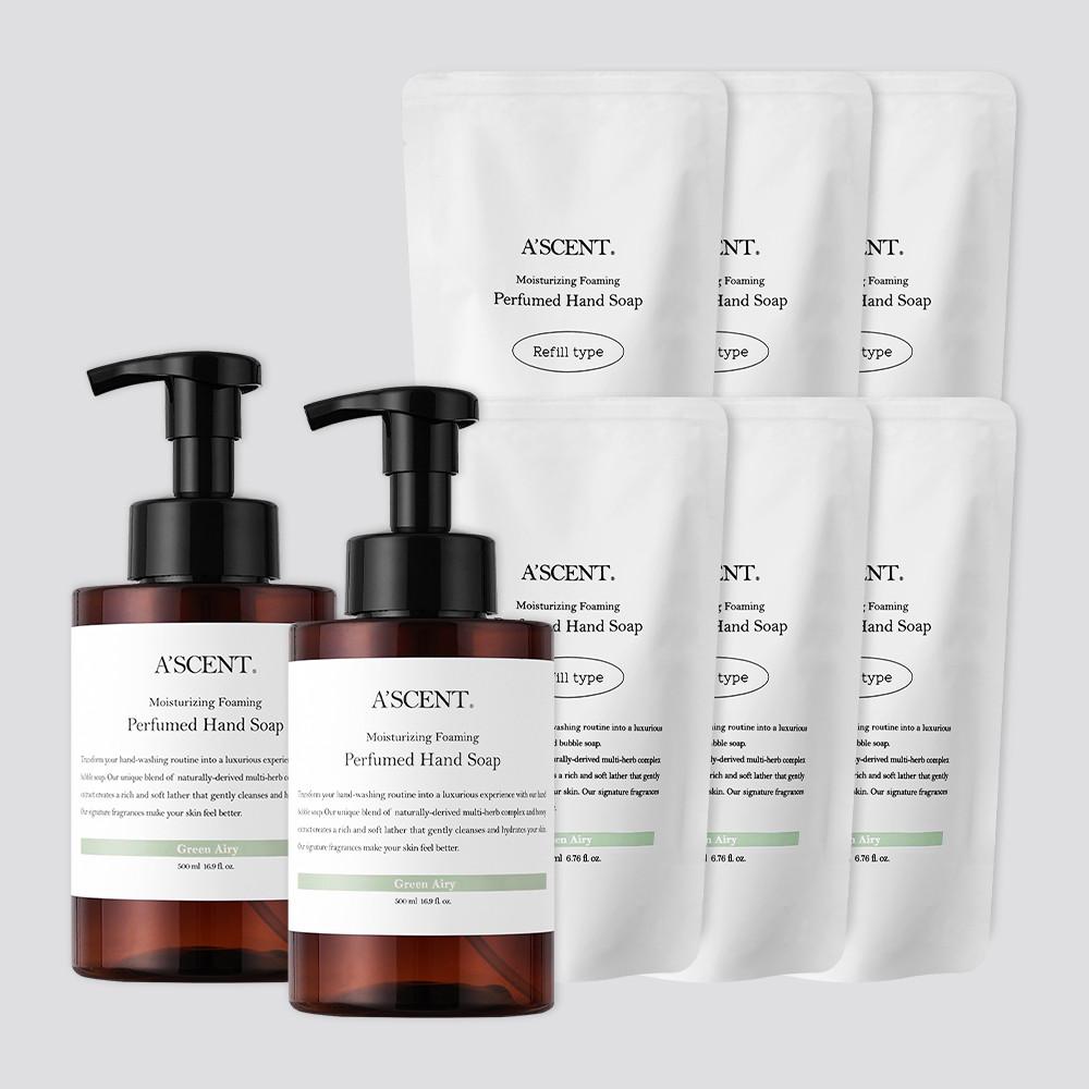에이센트 버블 핸드워시 500ml 2개입 + 리필 200ml 6개입 세트 포밍 대용량 그린에어리 거품비누 핸드솝