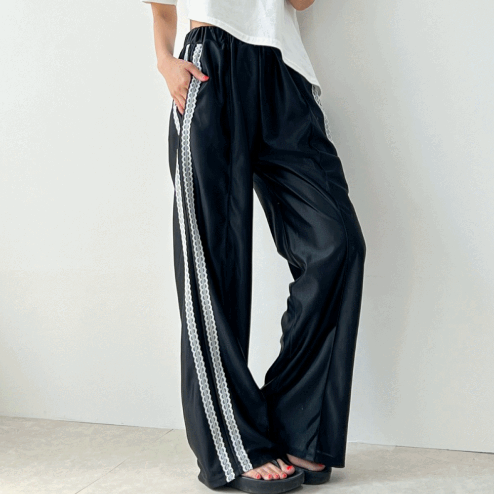 새틴 레이스 삥줄 루즈 힙 와이드 밴딩 팬츠 3color
