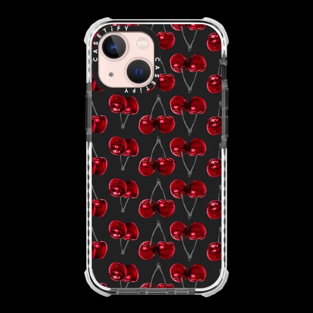 Modern Cherries Red and Gray Fruity Pattern on Charcoal Black