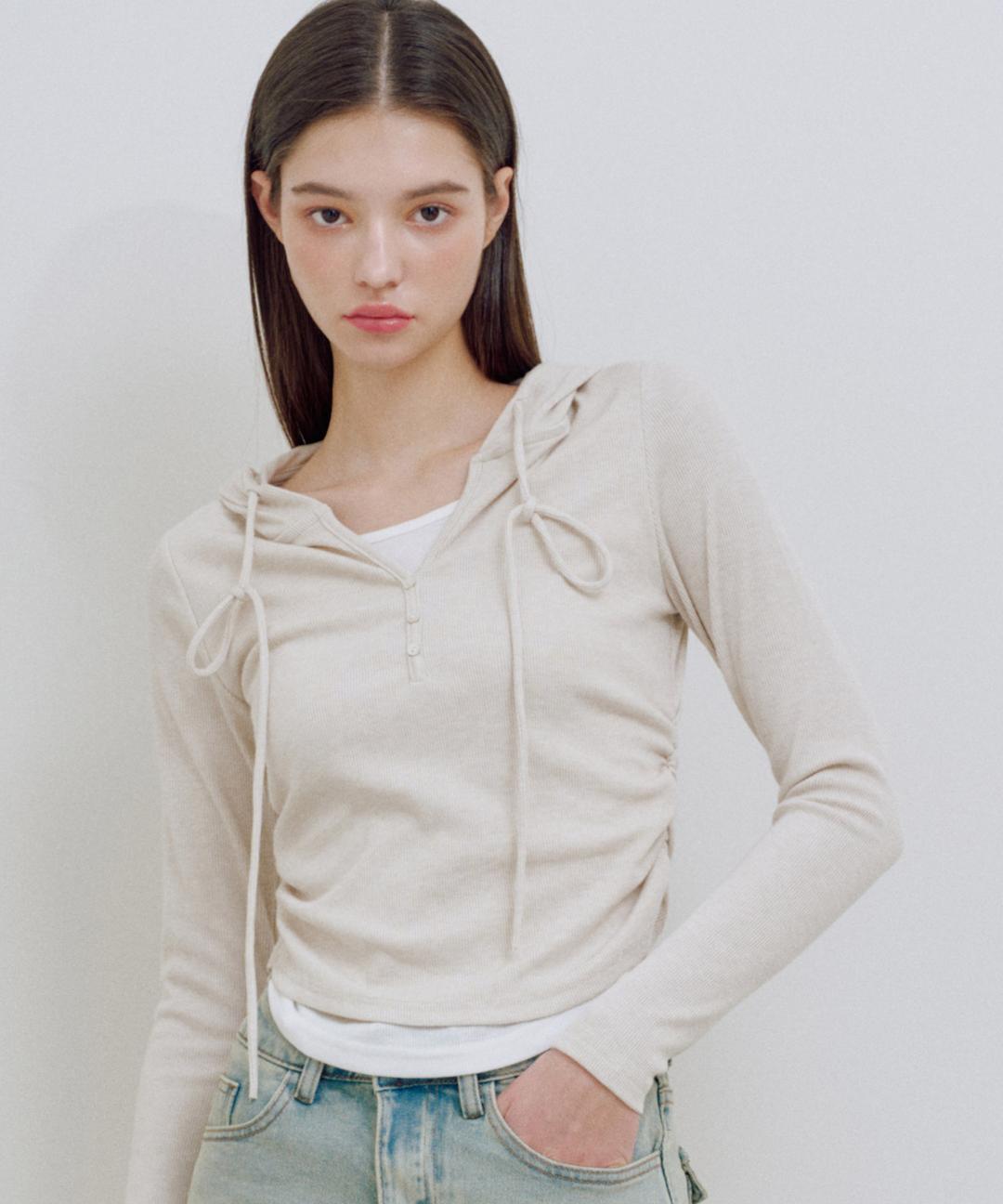 제로플래닛 에바 버튼 레이어드 니트 후드 [OATMEAL]