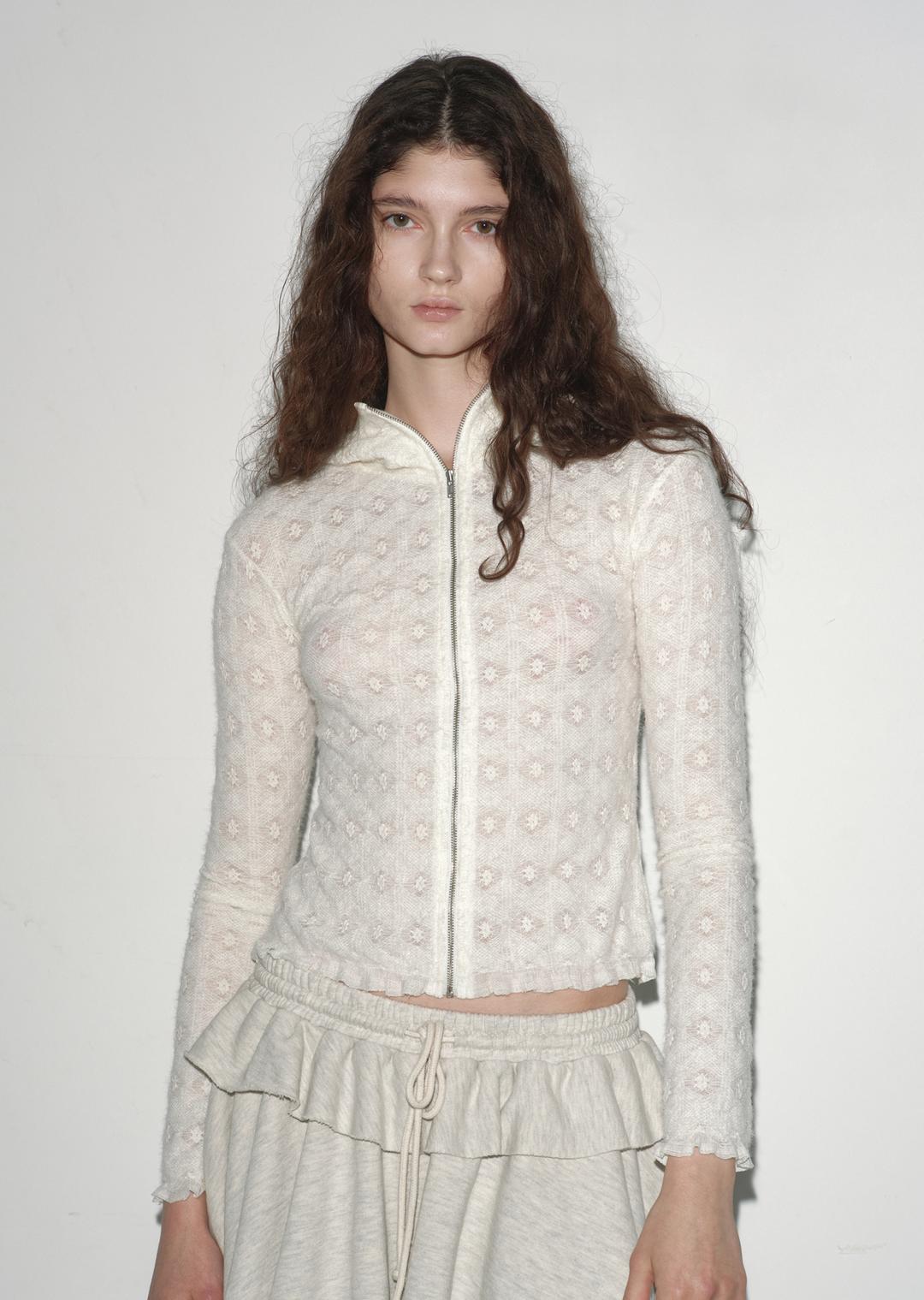 [11/29 Delivery] SHEER LACE HOODIE ZIP-UP CREAM