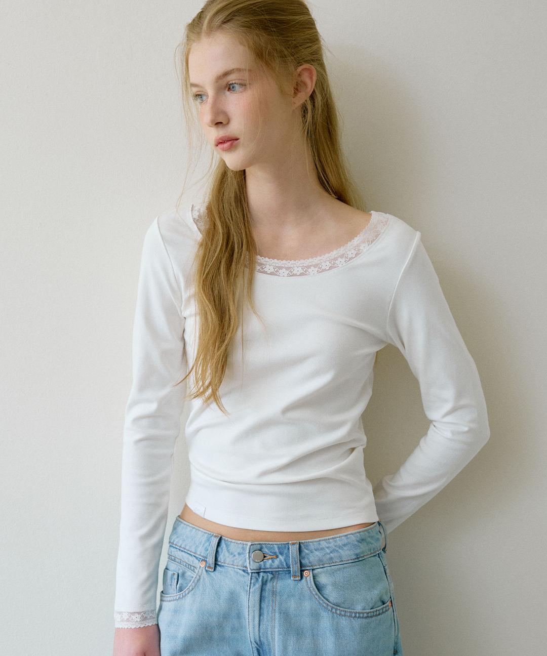 Letters Lace Boatneck T-Shirt (White)