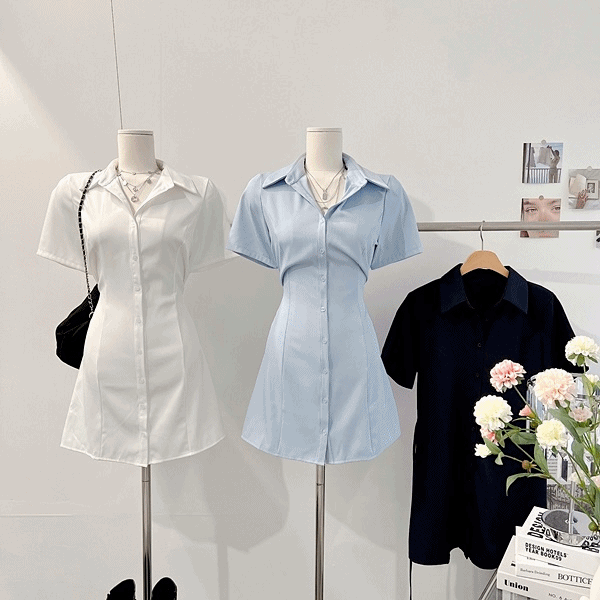 *최저가* [실물대존예!/여름맛~] 플럼 카라 실키 새틴 슬립 허리끈 셔츠원피스 미니원피스 반팔원피스 롱블라우스 [3color] 여름원피스 카라원피스 벨트원피스 데이트룩 하객룩