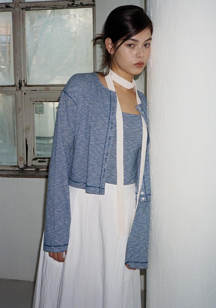 Button Stripe Cardigan SET_Blue