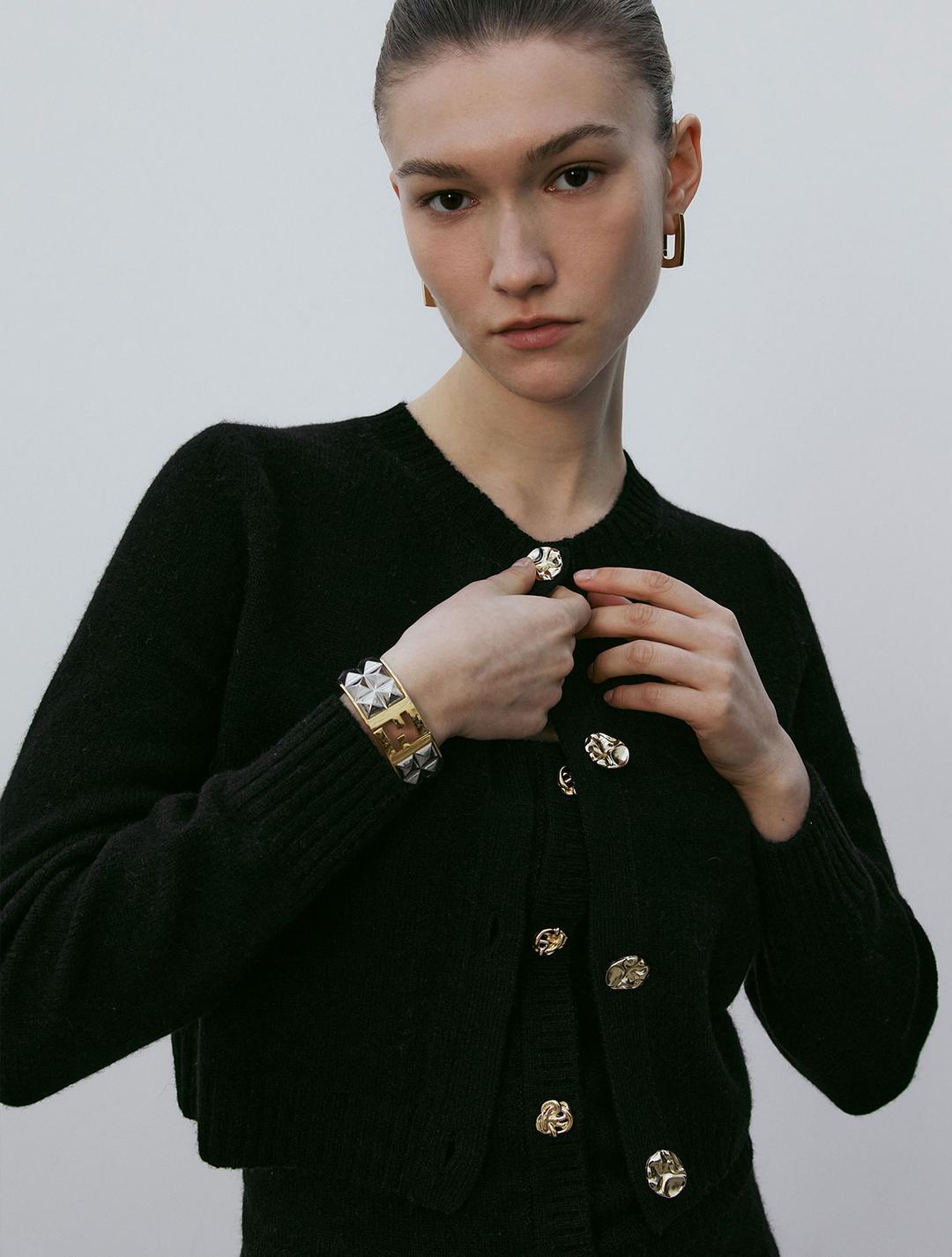 Asymmetric Gold Button Knit Cardigan - Black