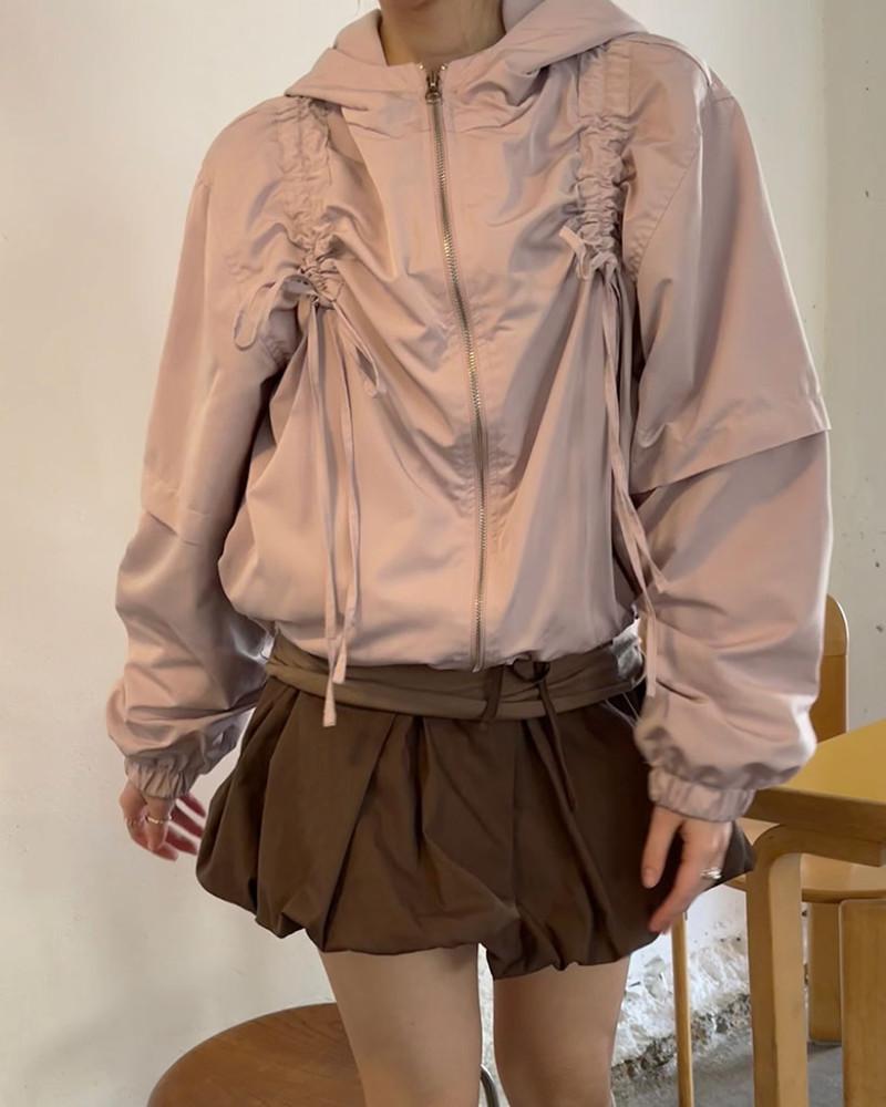 [쓰리하우스] 스트랩 셔링 리본 후드점퍼 바람막이 3color