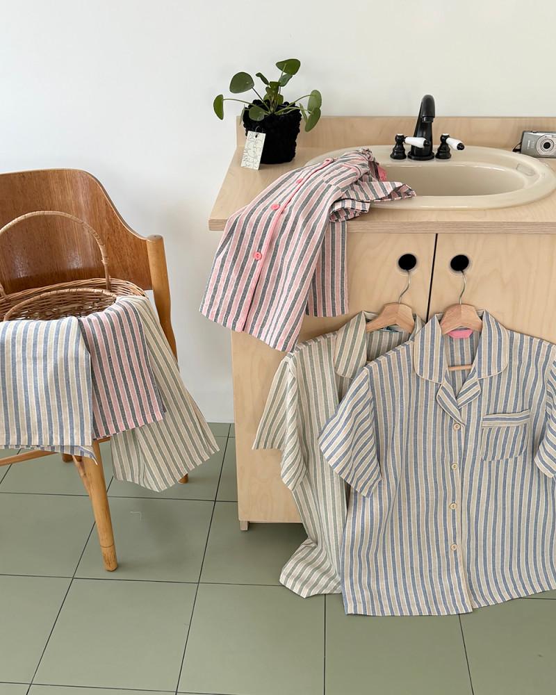 국산 부드러운 촉감 배색 스트라이프 커플잠옷 신혼 빅사이즈 파자마 부모님 선물