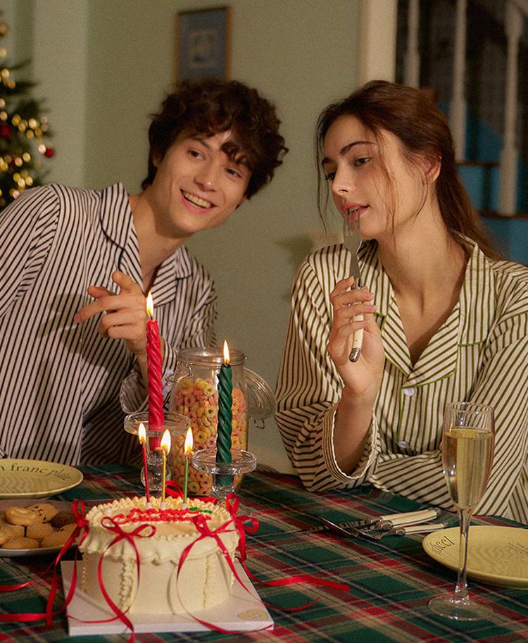 버티컬 스트라이프 긴팔 커플 잠옷 세트 3colors