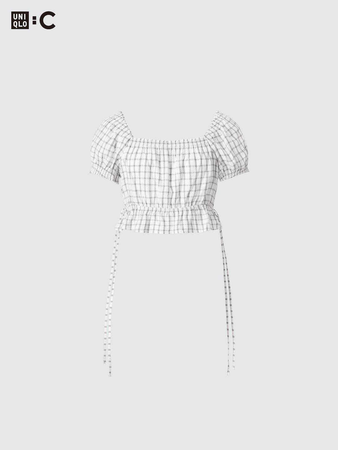 개더크롭체크블라우스(반팔)셋업가능