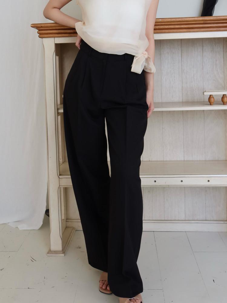 핀턱 롱 슬랙스 세미 와이드핏 정장 긴바지 블랙 트라우저