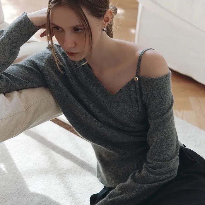 comos 1264 button slit off-shoulder knit (melange gray)