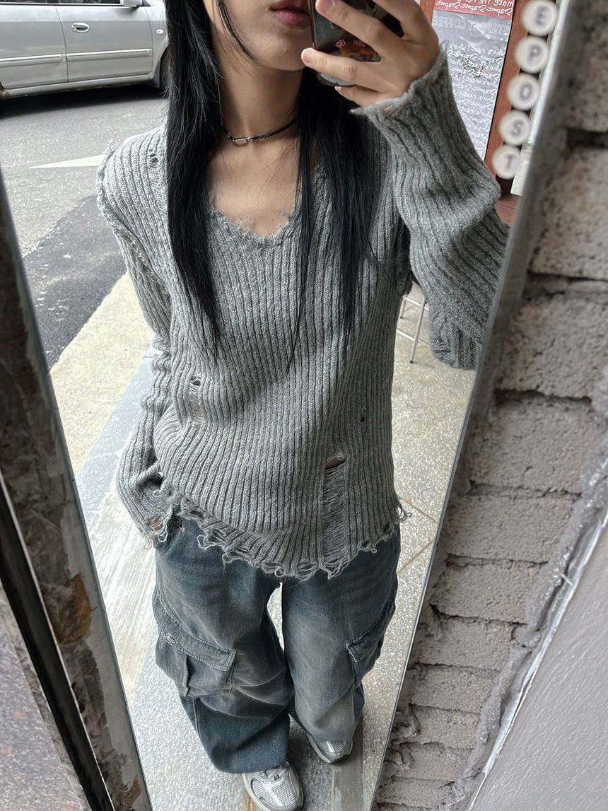 다상 린다 골지 브이넥 울 데미지 니트 3color