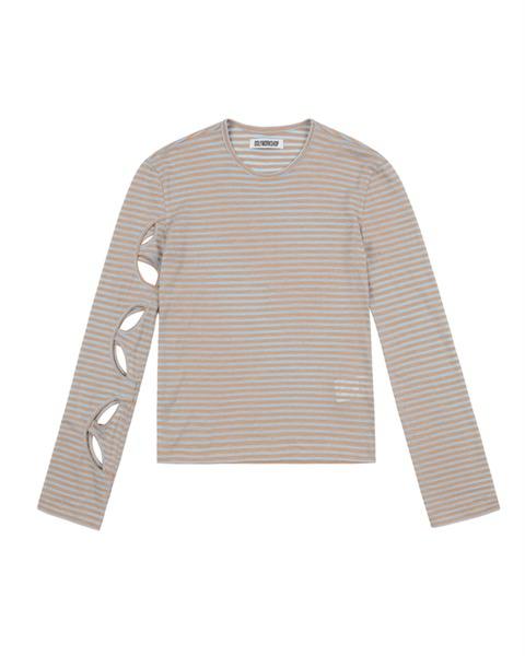 Beige & Rejuvenated Blue Stripe Long Sleeve Cutout Tee