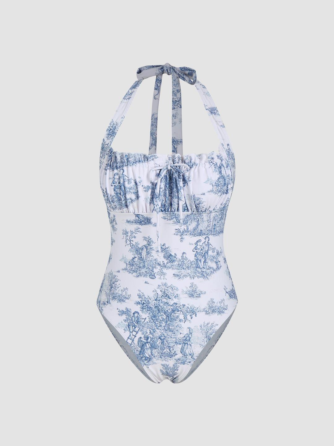 Toile de Jouy Ruffle One Piece Swimsuit