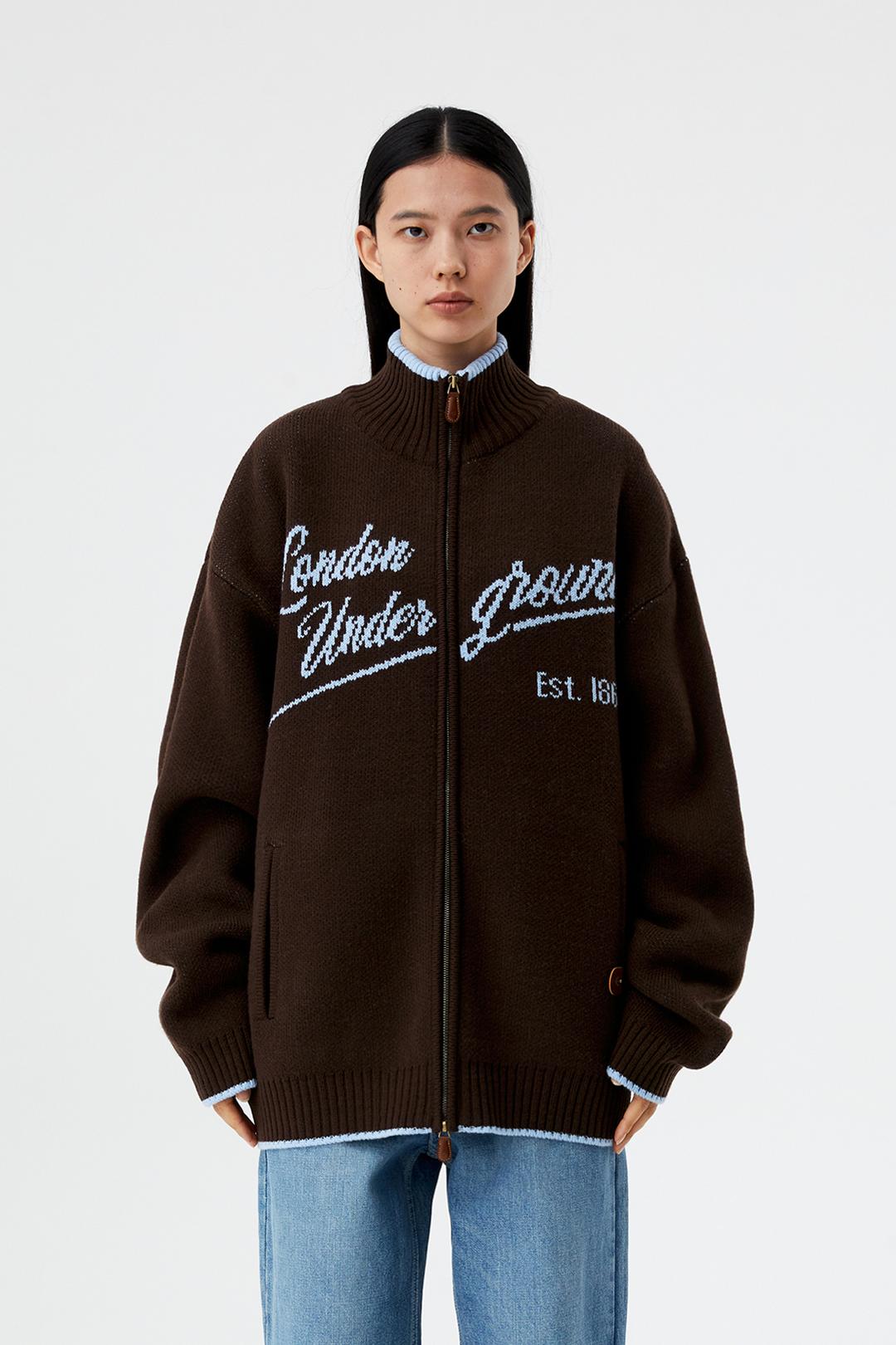 Jacquard zip-up cardigan_Brown