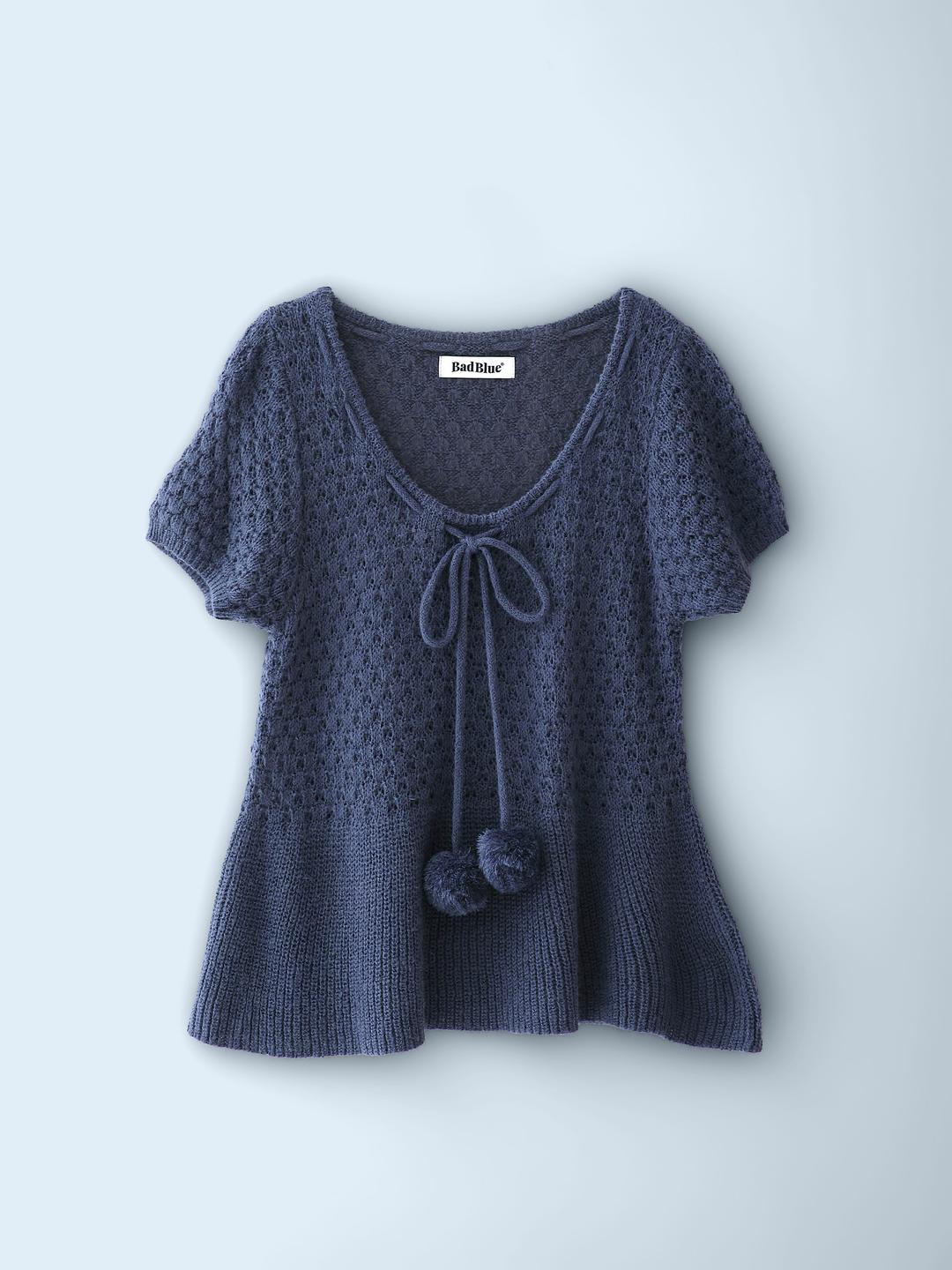 Pom Pom Knit Half Top Blue
