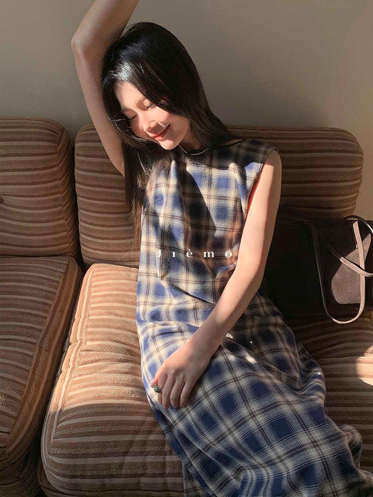 빈티지 플레드 체크 민소매 롱원피스