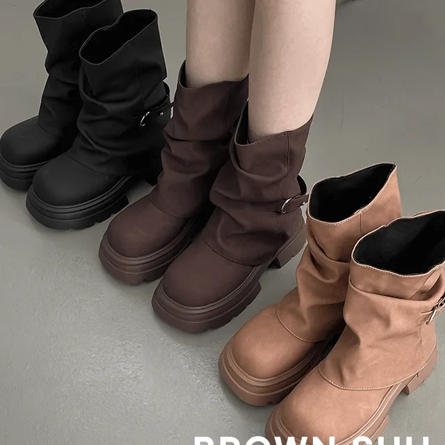 ❤[MADE]❤ 블렘 라운드 통굽 셔링 버클 미들부츠