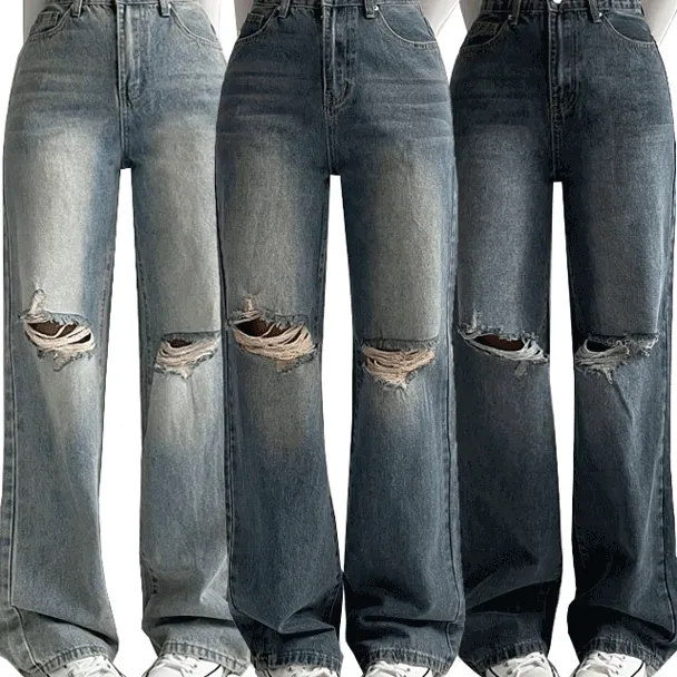 *숏,미디,롱*[140cm~/S-2XL/5col] 무파진 제이닝 140/150/160 스톤워싱 하이웨스트 와이드 청바지 봄 데님 팬츠 당일